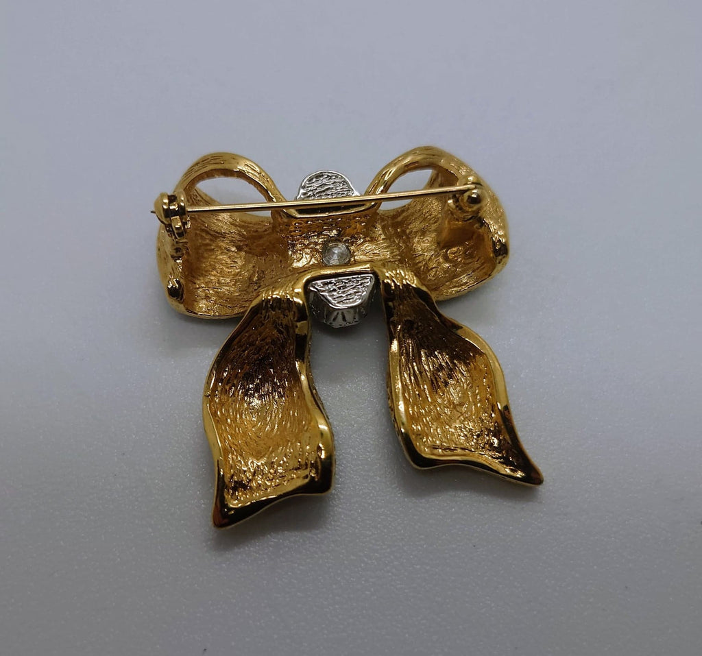 Ribbon Pin Vintage Pin Gold and Black Bow Brooch Pin Rhinestone Diamond Costume Jewellery Jewelry  Ribbon Bow
