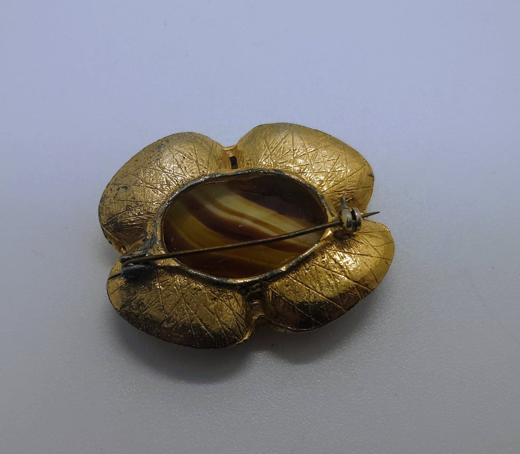Vintage Brooch Gold Amber Glass Rhinestone Costume Jewellery Jewelry Chunky Glass Brooch Pin