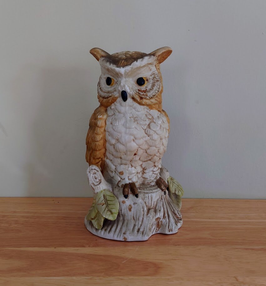 Vintage Owl Figurine Bird Ornament Brown Hoot Owl Ceramic Owl and Chick Barn Owl Kitsch