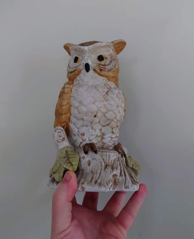 Vintage Owl Figurine Bird Ornament Brown Hoot Owl Ceramic Owl and Chick Barn Owl Kitsch