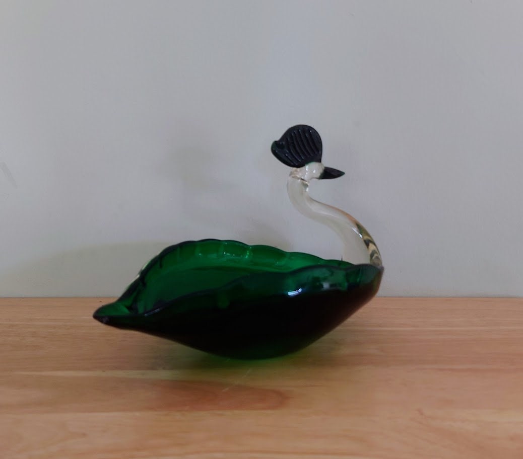 Vintage Glass Swan Dish Green Murano Style Blue Swan Dish Bowl Retro Art Glass Decorative boho Bird Sculpture Hand Blown Glass