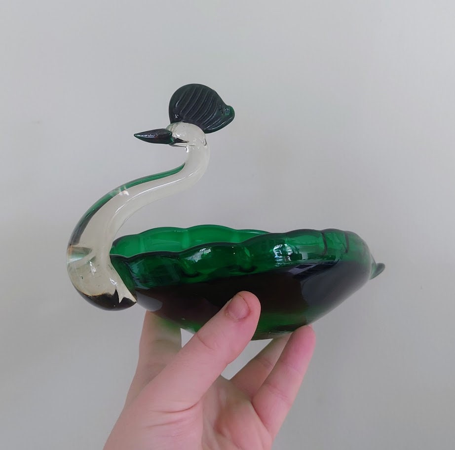 Vintage Glass Swan Dish Green Murano Style Blue Swan Dish Bowl Retro Art Glass Decorative boho Bird Sculpture Hand Blown Glass
