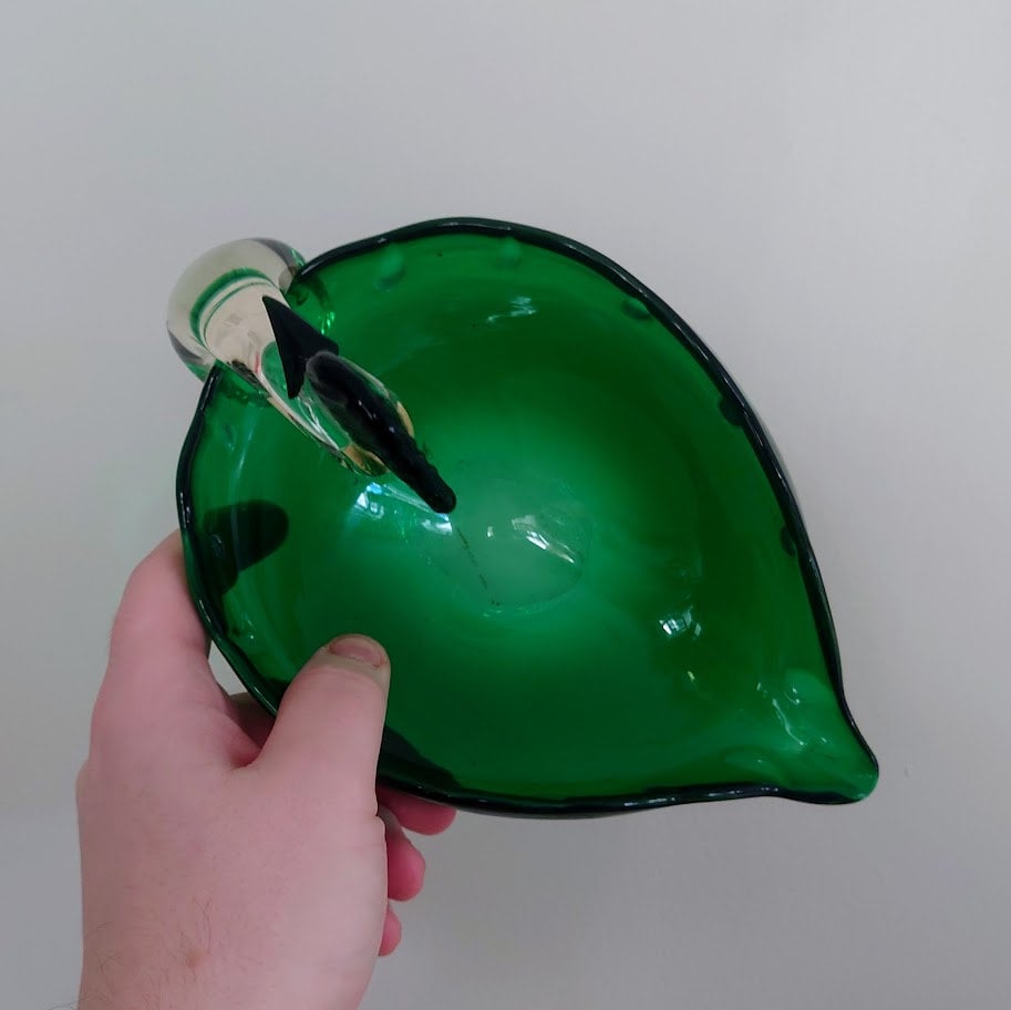 Vintage Glass Swan Dish Green Murano Style Blue Swan Dish Bowl Retro Art Glass Decorative boho Bird Sculpture Hand Blown Glass