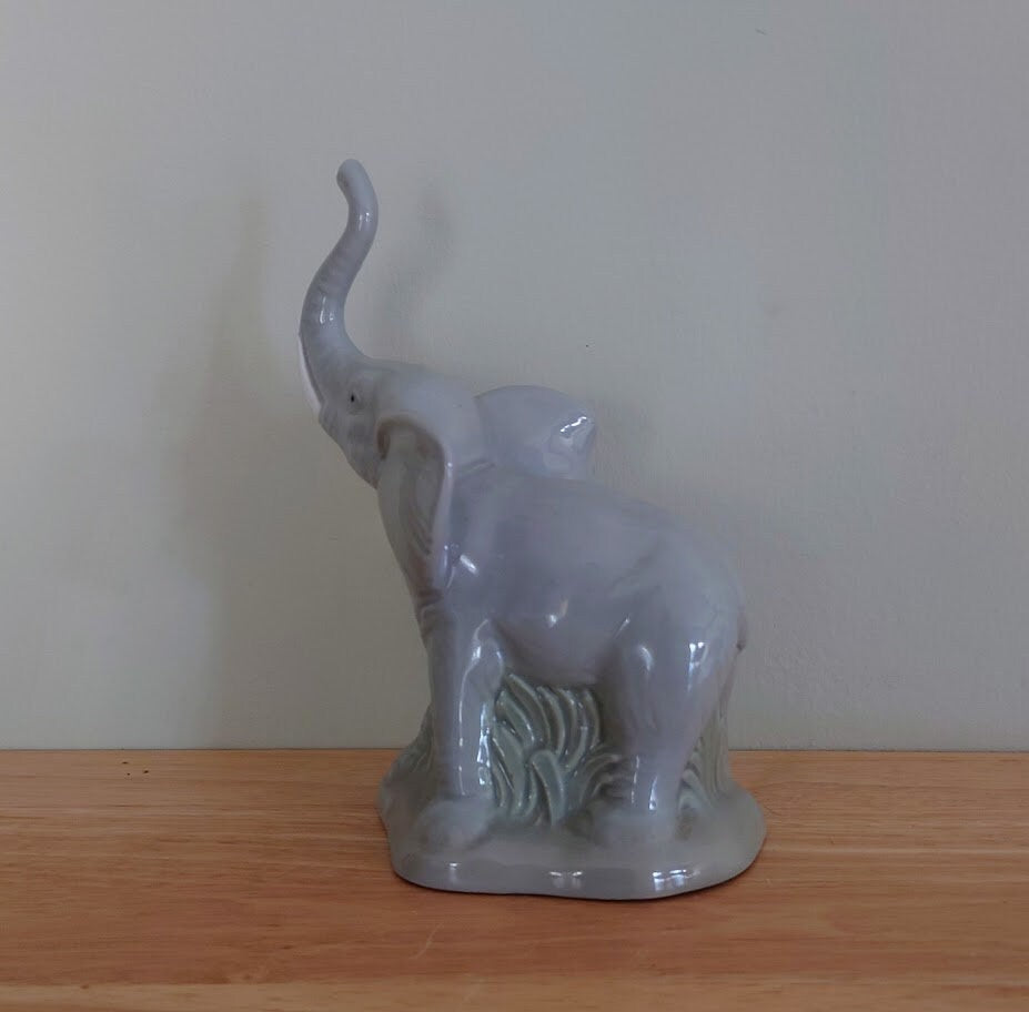Vintage elephant Figurine Large Ceramic Collectable Animal Kitsch Bone China  Mid Century  African Wildlife Trunk Up Good Luck