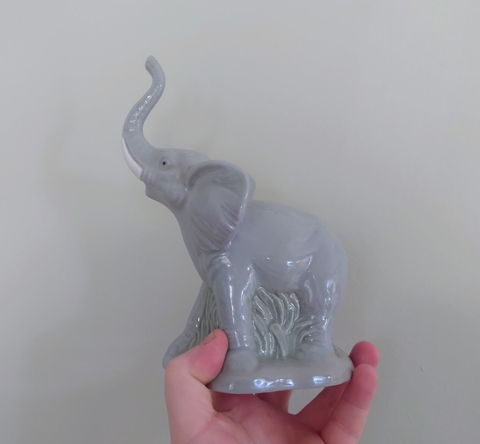 Vintage elephant Figurine Large Ceramic Collectable Animal Kitsch Bone China  Mid Century  African Wildlife Trunk Up Good Luck