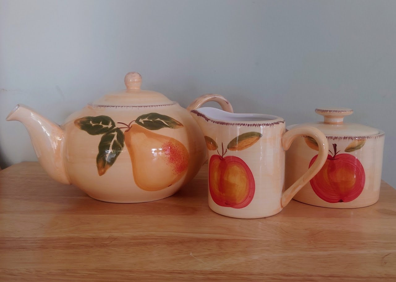 Ceramic Fruit Teaset Teapot, Sugar Bowl, Milk Jug Ceramic Set Vintage 1980's Orange Fruit Lemon Tea Service Floral Country