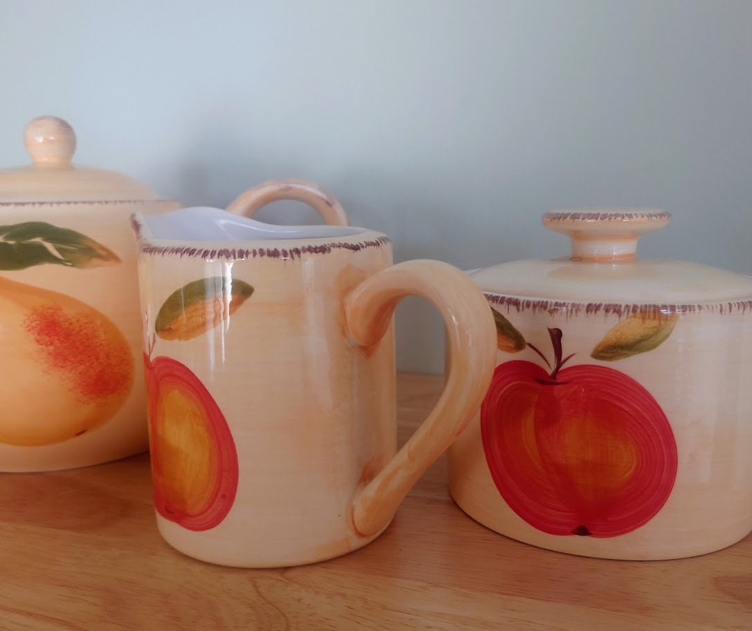 Ceramic Fruit Teaset Teapot, Sugar Bowl, Milk Jug Ceramic Set Vintage 1980's Orange Fruit Lemon Tea Service Floral Country
