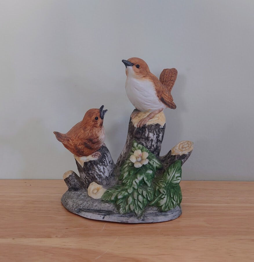 Vintage bird Figurine perching on Log with Flowers, Floral Bird Sculpture Ornament Housewarming Gift Idea Gift for Her