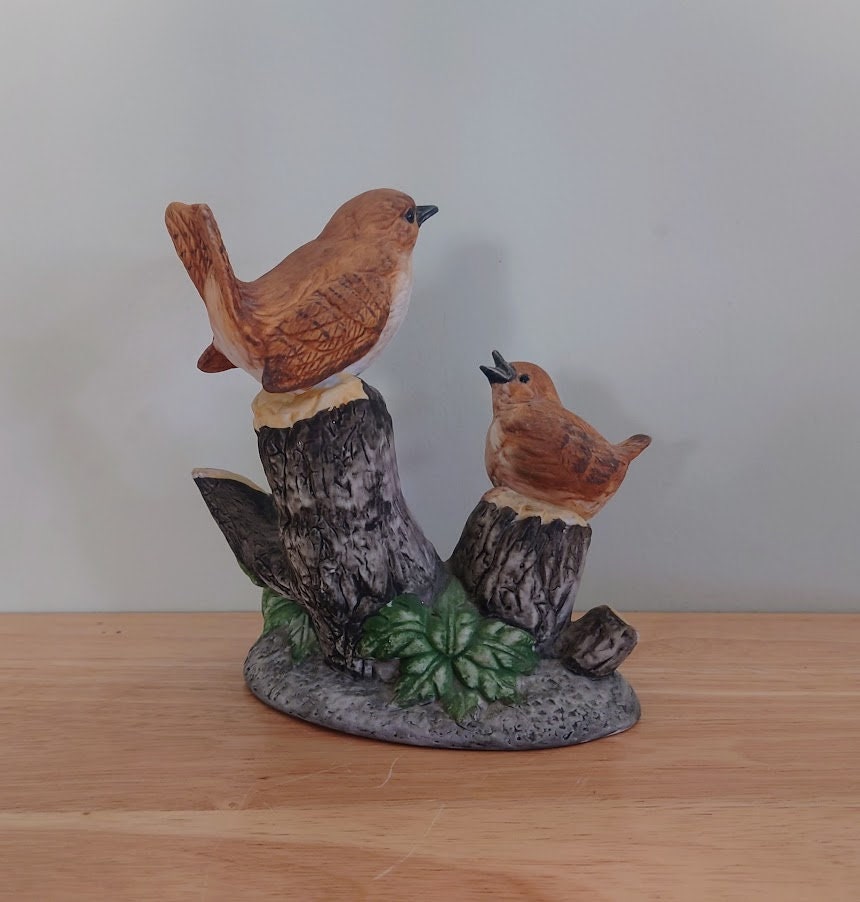 Vintage bird Figurine perching on Log with Flowers, Floral Bird Sculpture Ornament Housewarming Gift Idea Gift for Her