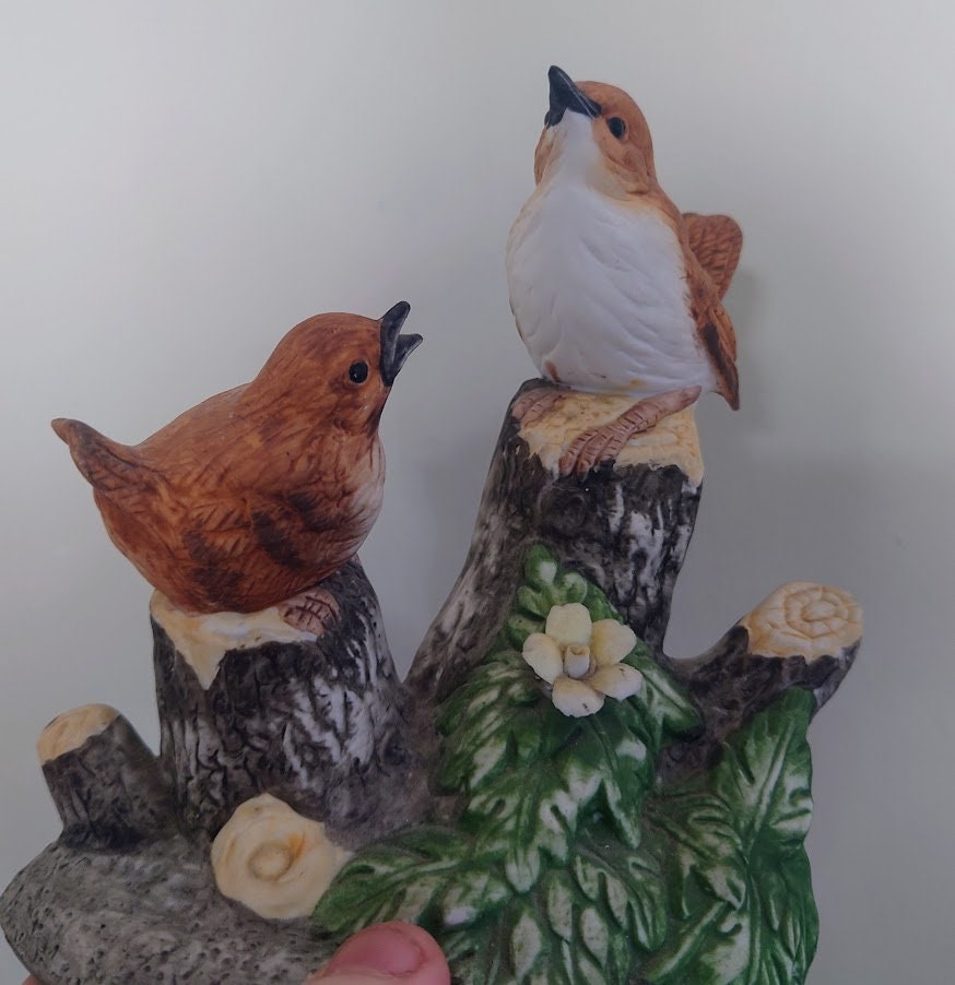 Vintage bird Figurine perching on Log with Flowers, Floral Bird Sculpture Ornament Housewarming Gift Idea Gift for Her