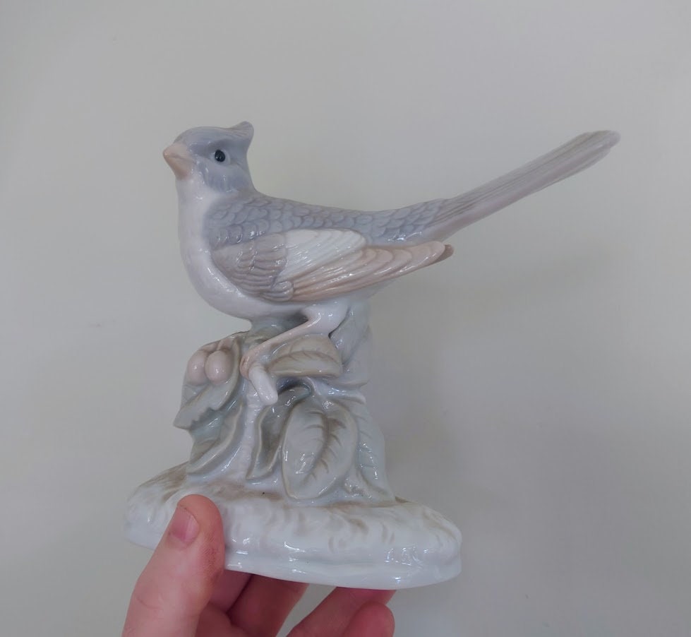 Vintage Blue and White Bird Figurine On Branch Collectable Bird Ornament Lladro Style Floral Figurine
