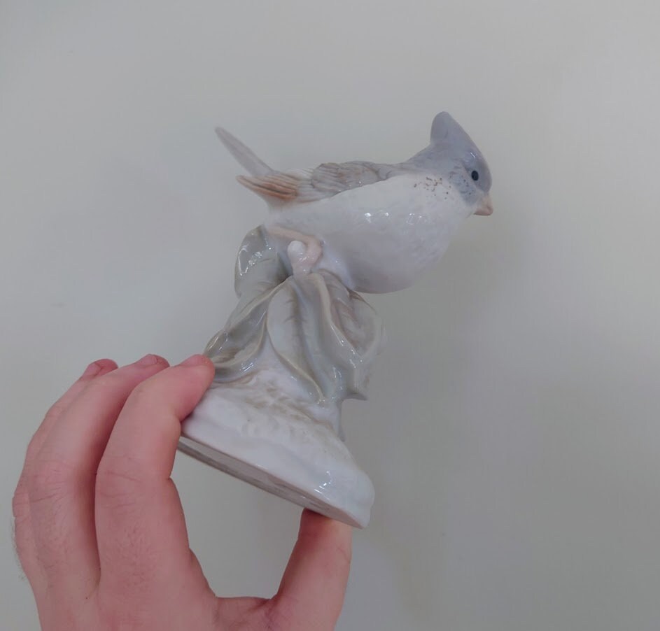 Vintage Blue and White Bird Figurine On Branch Collectable Bird Ornament Lladro Style Floral Figurine