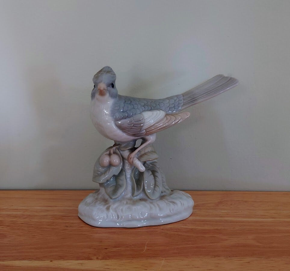 Vintage Blue and White Bird Figurine On Branch Collectable Bird Ornament Lladro Style Floral Figurine