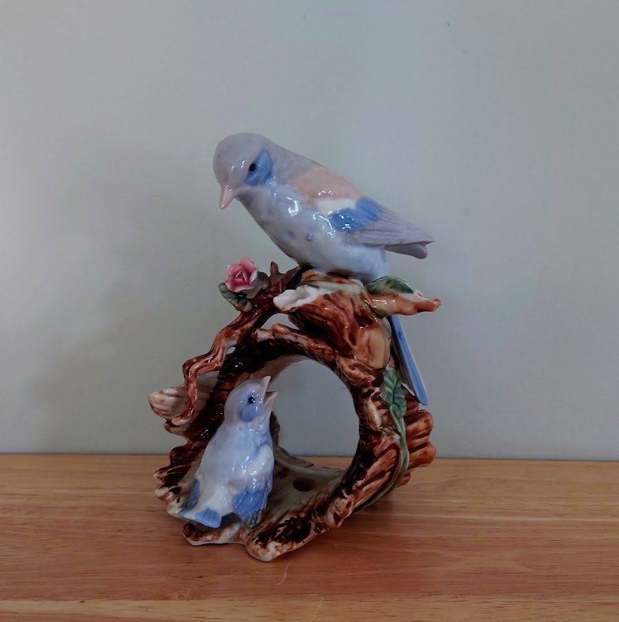 Vintage Bird Figurine on Log Collectable Birds Porcelain Birds Mother and Chick Floral Leaves and Log Figurine Lladro style Bird Figurine