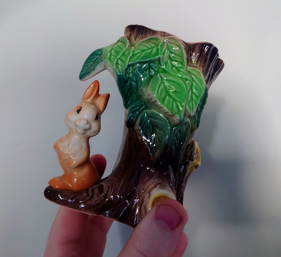 Vintage Vase Planter Rabbit Under a Tree Posy Vase Hornsea Fauna Royal Made in England No. 55 Kitsch Ceramic Collectable Earthenware Planter