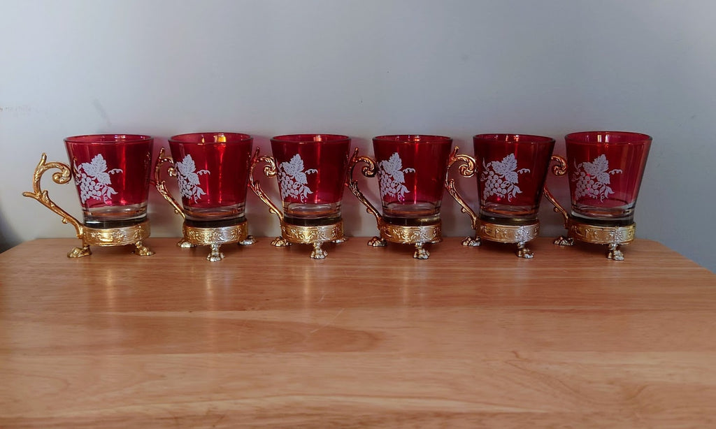 Vintage Cranberry Shot Glasses Gold Gilt 1950's Drinking Glasses x 6 Vintage Barware