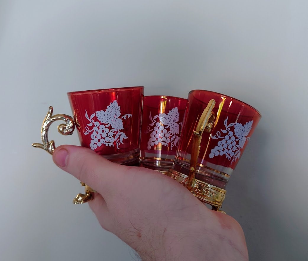 Vintage Cranberry Shot Glasses Gold Gilt 1950's Drinking Glasses x 6 Vintage Barware