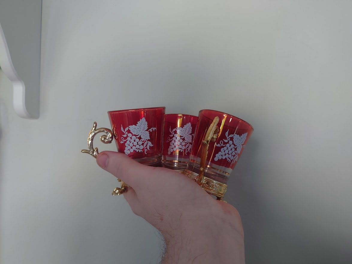 Vintage Cranberry Shot Glasses Gold Gilt 1950's Drinking Glasses x 6 Vintage Barware