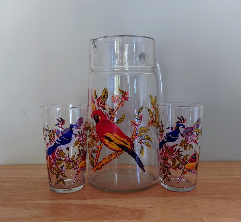 Vintage Pitcher Jug Bird Design Glass Jug with 2 glasses Picnic pitcher Water cocktail mixer jug Glass jug  Kitchen Decor modernist jug