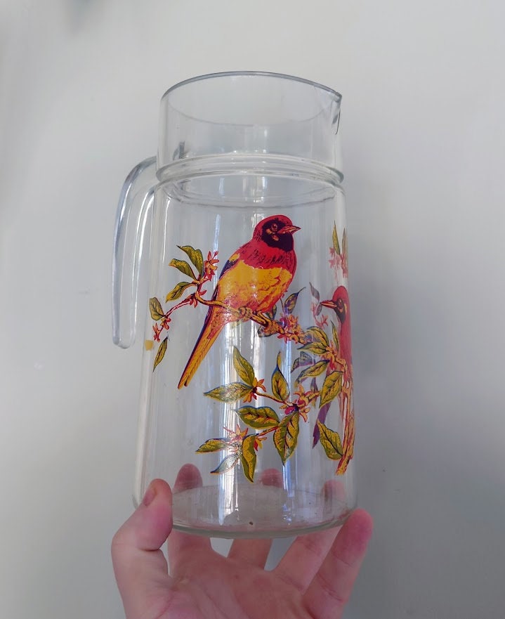 Vintage Pitcher Jug Bird Design Glass Jug with 2 glasses Picnic pitcher Water cocktail mixer jug Glass jug  Kitchen Decor modernist jug