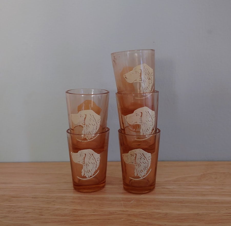 Vintage set of 5 Shot Glasses dog Shooters Glasses Pink Small Shot Glasses Kitch Dog Vintage Barware Shooters