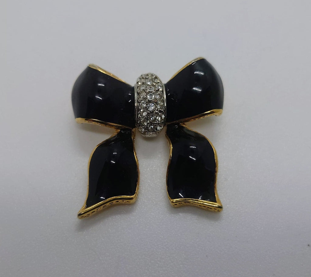 Ribbon Pin Vintage Pin Gold and Black Bow Brooch Pin Rhinestone Diamond Costume Jewellery Jewelry  Ribbon Bow