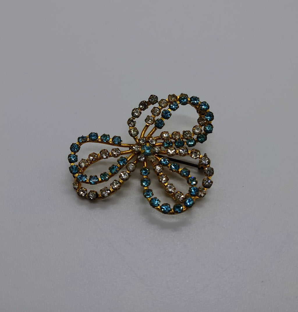 Floral Bow Brooch Vintage Costume Blue and White Rhinestone Floral Spray Brooch Costume Jewellery Jewelry