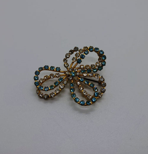 Floral Bow Brooch Vintage Costume Blue and White Rhinestone Floral Spray Brooch Costume Jewellery Jewelry
