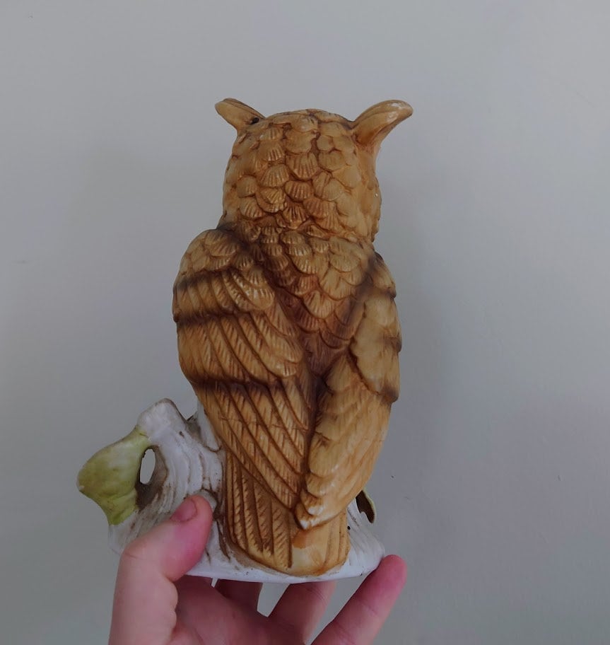 Vintage Owl Figurine Bird Ornament Brown Hoot Owl Ceramic Owl and Chick Barn Owl Kitsch