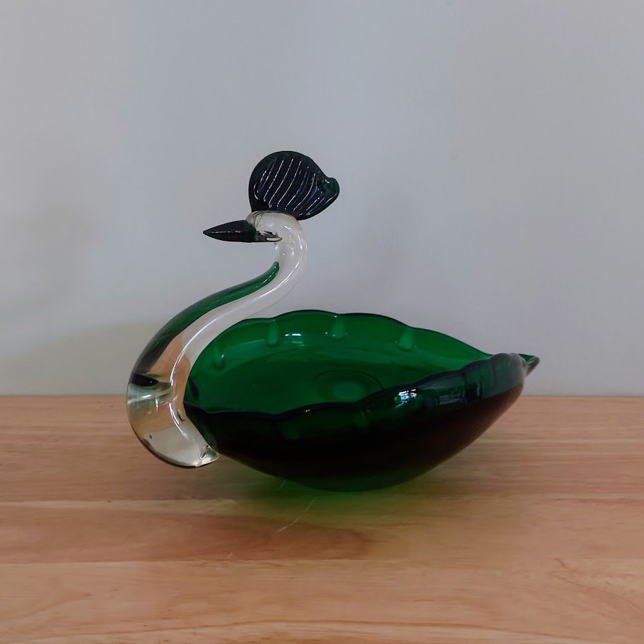 Vintage Glass Swan Dish Green Murano Style Blue Swan Dish Bowl Retro Art Glass Decorative boho Bird Sculpture Hand Blown Glass