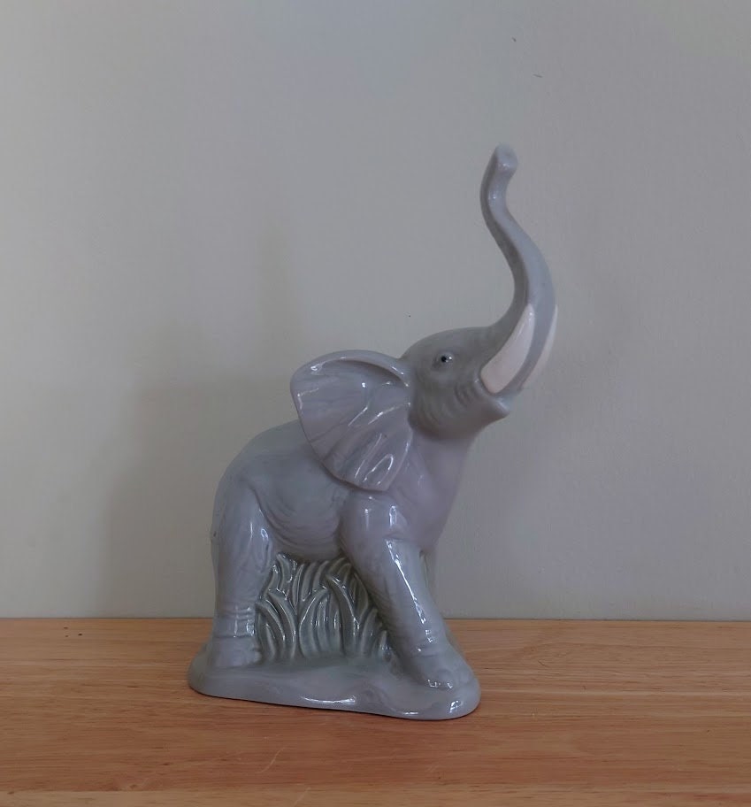 Vintage elephant Figurine Large Ceramic Collectable Animal Kitsch Bone China  Mid Century  African Wildlife Trunk Up Good Luck