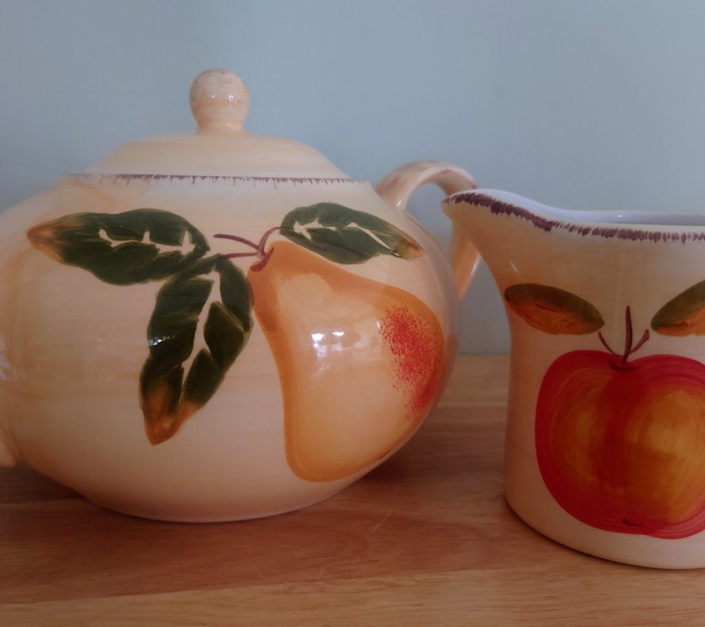 Ceramic Fruit Teaset Teapot, Sugar Bowl, Milk Jug Ceramic Set Vintage 1980's Orange Fruit Lemon Tea Service Floral Country