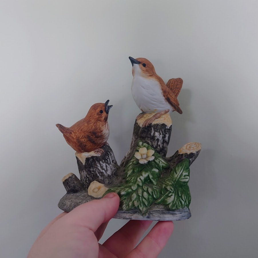 Vintage bird Figurine perching on Log with Flowers, Floral Bird Sculpture Ornament Housewarming Gift Idea Gift for Her