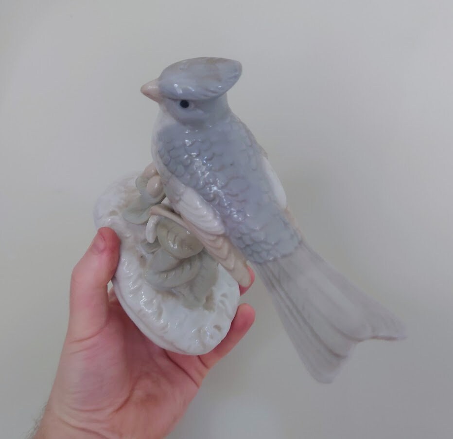 Vintage Blue and White Bird Figurine On Branch Collectable Bird Ornament Lladro Style Floral Figurine