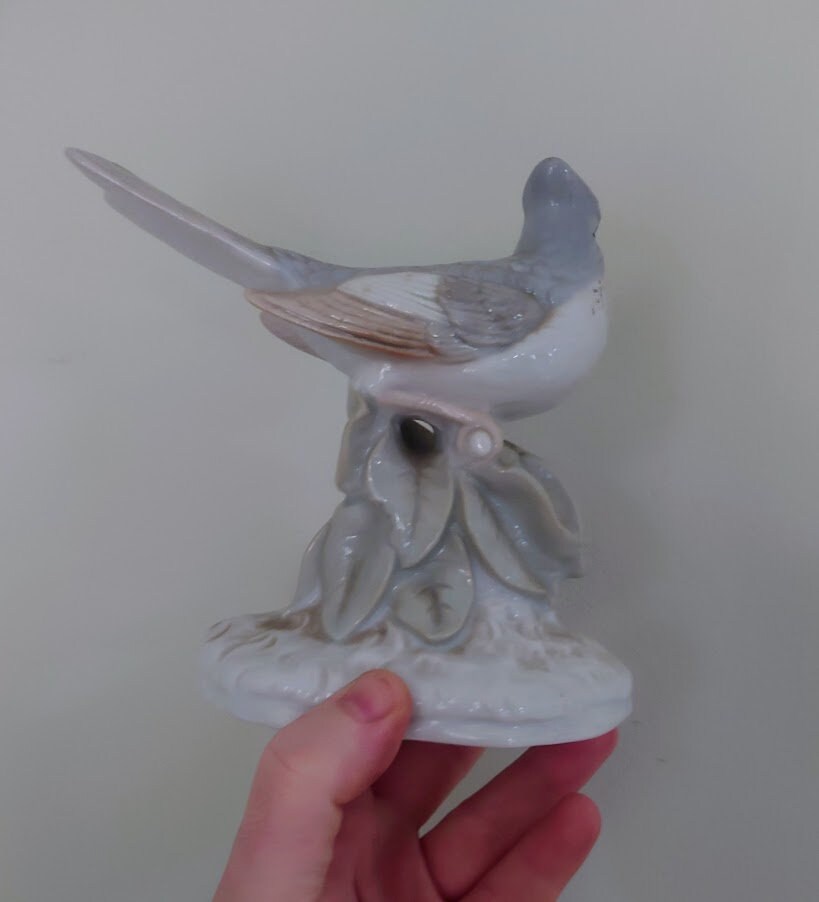 Vintage Blue and White Bird Figurine On Branch Collectable Bird Ornament Lladro Style Floral Figurine