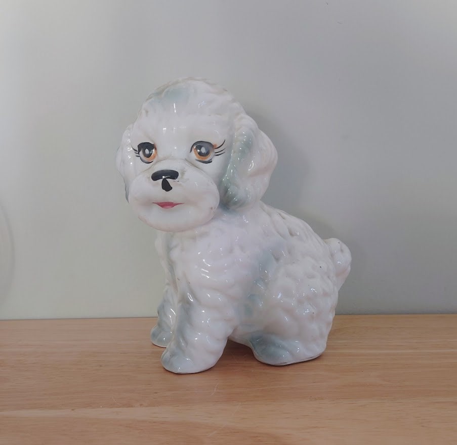 Vintage Poodle White Miniature Figurine Vintage Dog Ornament  Ceramic Collectable Dog Figure Beswick Style Ornament  Poodle Statue