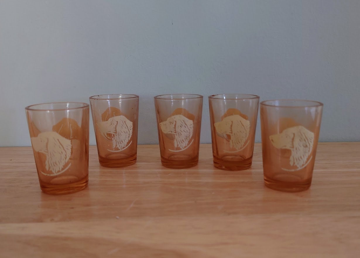 Vintage set of 5 Shot Glasses dog Shooters Glasses Pink Small Shot Glasses Kitch Dog Vintage Barware Shooters