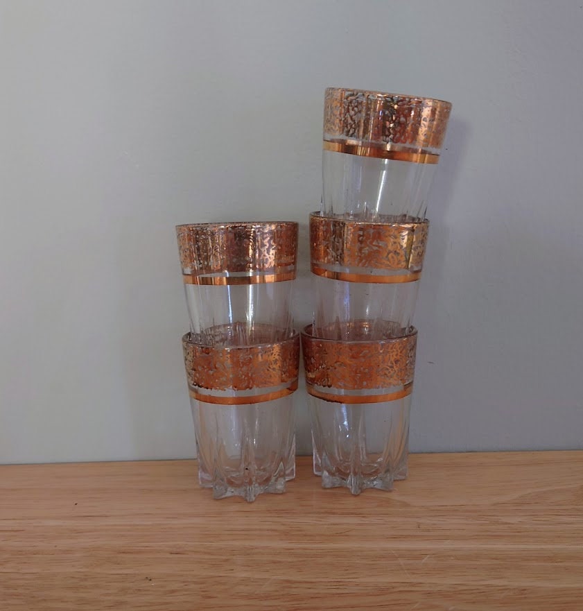 Vintage Shot Glasses Gold Gilt Rim Retro Barware Set of 5 Gold Drinking Glasses Mid Century Modern