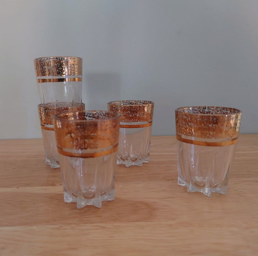 Vintage Shot Glasses Gold Gilt Rim Retro Barware Set of 5 Gold Drinking Glasses Mid Century Modern