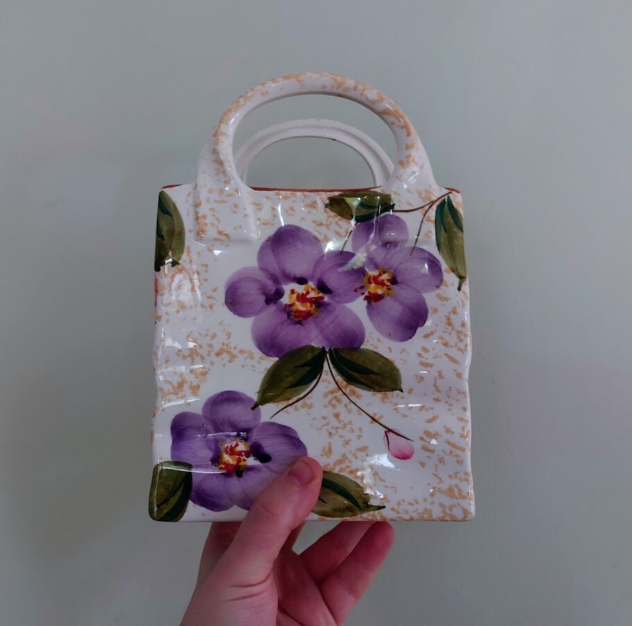 Vintage Ceramic Planter Plant Pot Indoor Planter Handbag Planter Flower Pot Bag Floral Kitsch Floral Pottery Stoneware Utensil Holder
