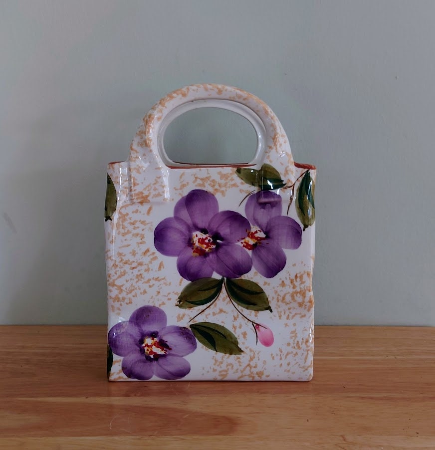 Vintage Ceramic Planter Plant Pot Indoor Planter Handbag Planter Flower Pot Bag Floral Kitsch Floral Pottery Stoneware Utensil Holder