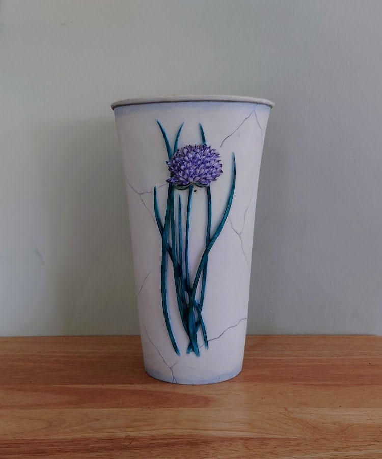 Vintage  Vase White Purple Floral Vase Ceramic Homeware  Flower Floral Vase Pottery Vase Large Chunky Vase Decor