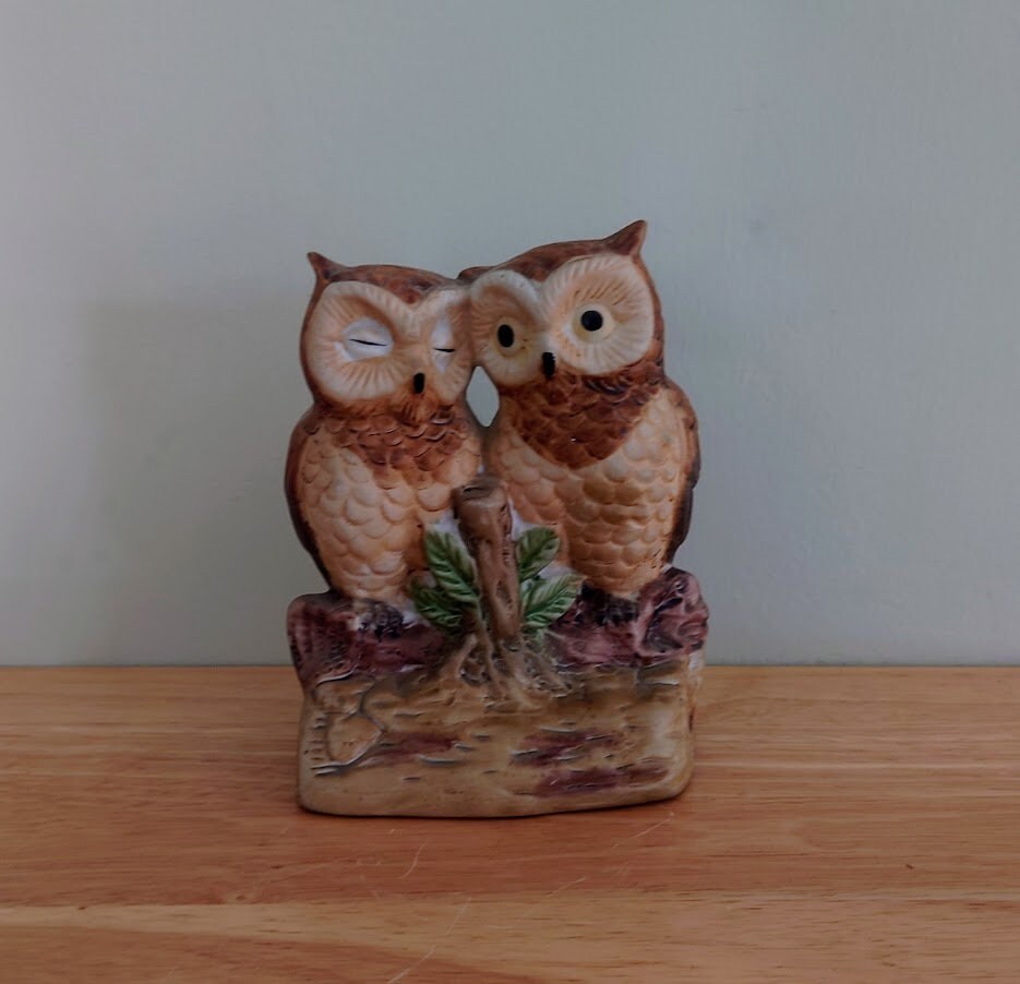 Vintage Owl Figurine Bird Ornament Brown Hoot Owl Ceramic Owl and Chick Barn Owl Kitsch