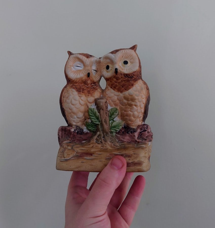 Vintage Owl Figurine Bird Ornament Brown Hoot Owl Ceramic Owl and Chick Barn Owl Kitsch