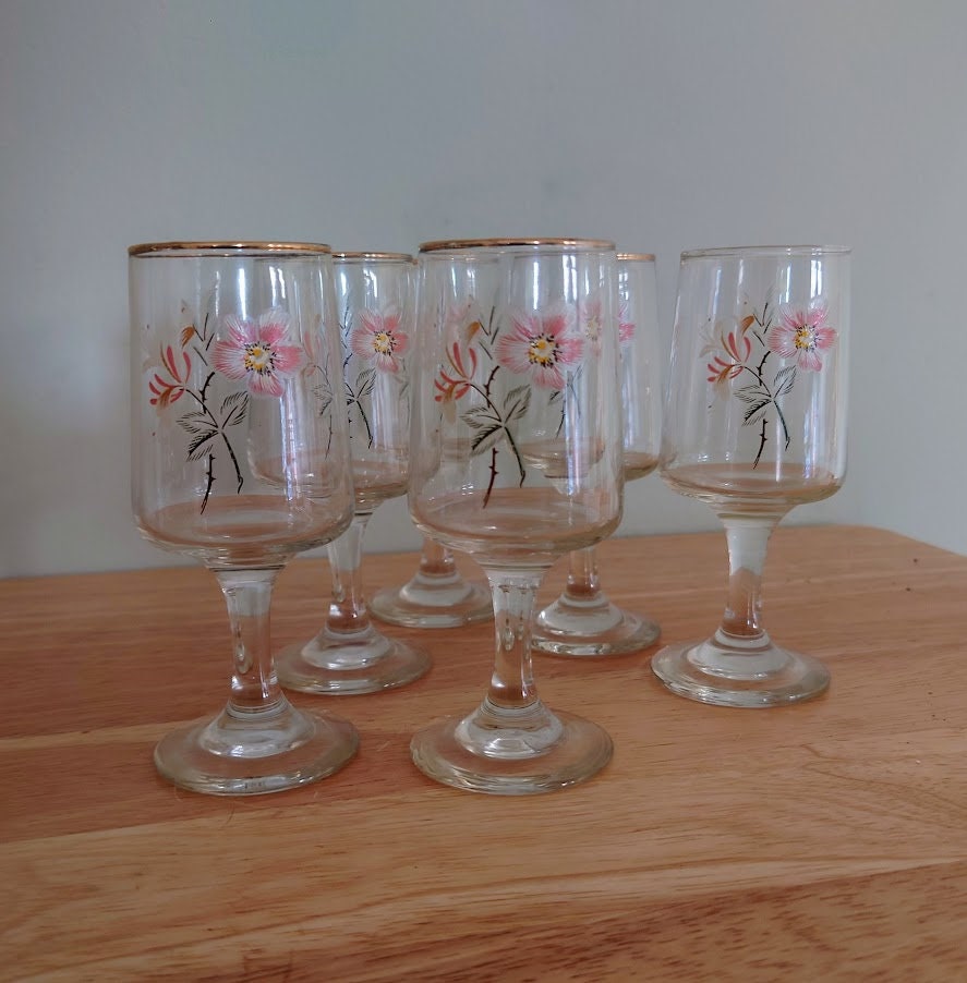 Vintage Drinking Glasses Wine/Port Floral Twisted Stem Modernist Liqueur Glasses 1970's Set of 6