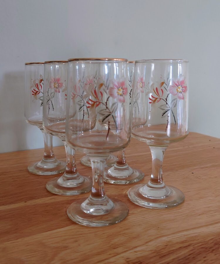 Vintage Drinking Glasses Wine/Port Floral Twisted Stem Modernist Liqueur Glasses 1970's Set of 6