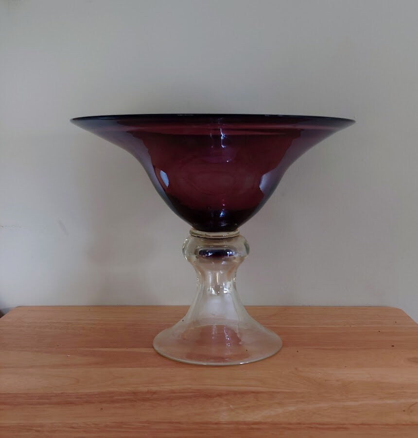 Vintage Purple Pedestal Dish Footed Glass Fruit Bowl Glass Hand Blown Glass Art Cobalt Purple Glass Compote Potpourri Bowl Candy Dish
