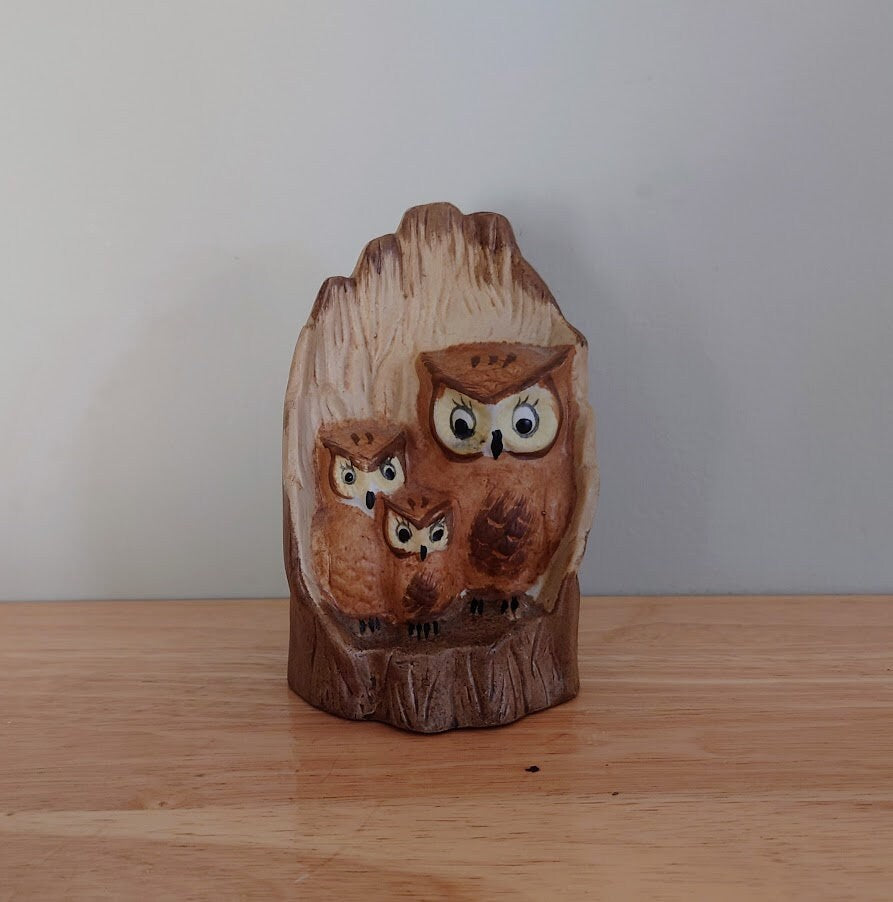 Vintage Owl Figurine Bird Ornament Brown Hoot Owl Ceramic Owl and Chick Barn Owl Kitsch