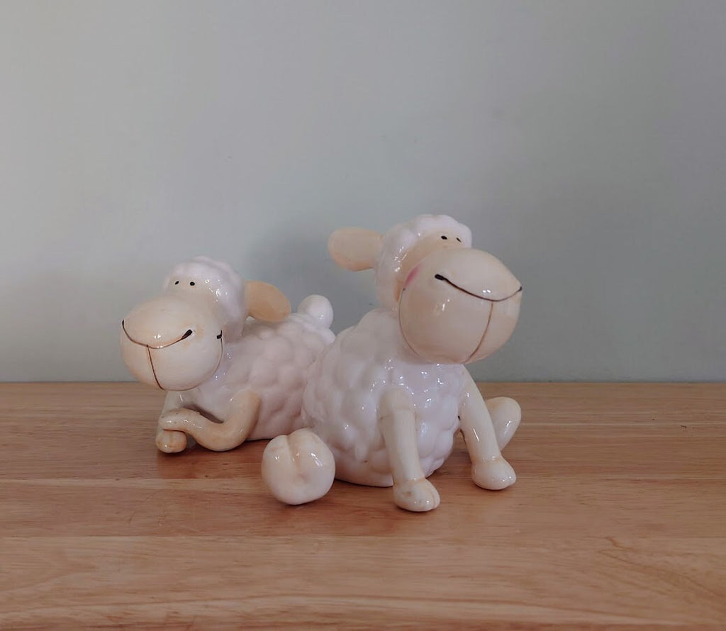 Sheep Figurine Set of 2 Ceramic Sheep Figures Kitsch Sheep Cute Lamb Baby Animal Farm Yard Ceramic Ornament  Sheep Children's Nursery Décor