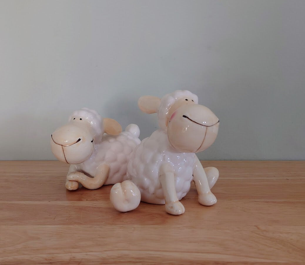 Sheep Figurine Set of 2 Ceramic Sheep Figures Kitsch Sheep Cute Lamb Baby Animal Farm Yard Ceramic Ornament  Sheep Children's Nursery Décor